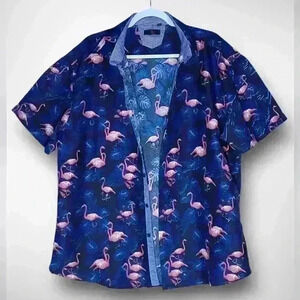 FLOCKING AMAZING FLAMINGO BUTTON UP SHIRT NAVY BC COLLECTION Size 2XL